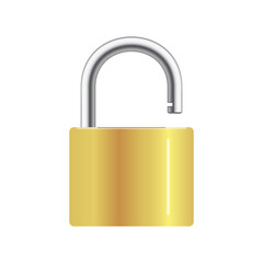 Golden opened padlock isolated on white background. Vector illustration..