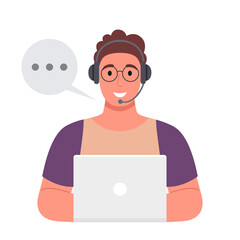 Customer support. Curly man with headphones working with laptop. Vector illustration..