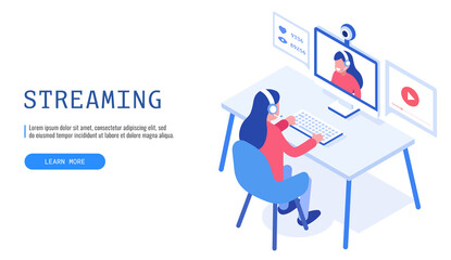Concept of video blogging. Woman sitting in front of computer and streaming online. Web banner. Vector illustration..