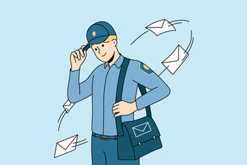 Smiling postman in uniform with bag full of post to deliver. Happy young mailman delivering letters to receivers. Postal service. Vector illustration.  - obrazy, fototapety, plakaty