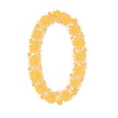 Number 0 made from orange flowers and petals isolated on white background. Design element. Floral font. Flowers letters. Summer font. 3d illustration