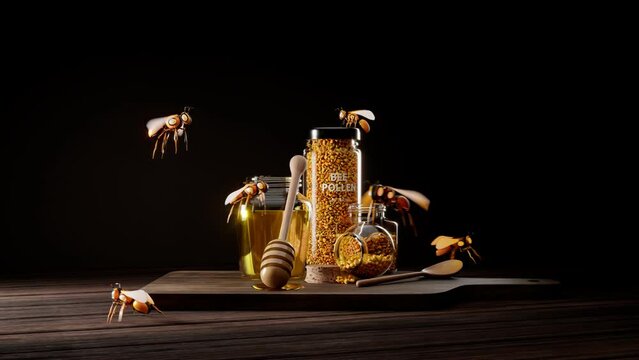 Animation with smart robot bees flying over the jars with honey and bee pollen