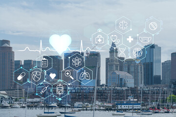 Panorama city view of Boston Harbor at day time, Massachusetts. Buildings of financial downtown. Glowing healthcare digital medicine icons. The concept of treatment from disease, Threat of pandemic
