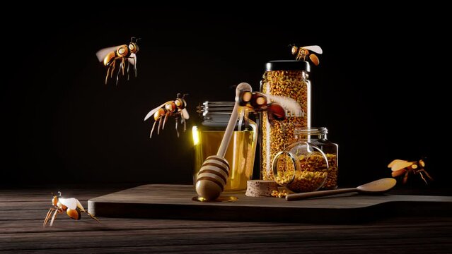 Honey and bee pollen jars with animated bees on wooden board