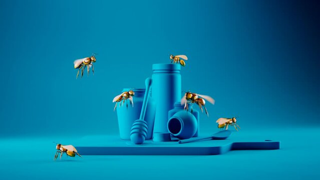 Animation with smart robot bees flying over the jars with honey and bee pollen