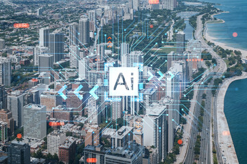 Fototapeta na wymiar Aerial panorama city, Chicago downtown area and Lake, day time, Illinois, USA. Birds eye view. Hologram of Artificial Intelligence concept. AI and business, machine learning, neural network, robotics
