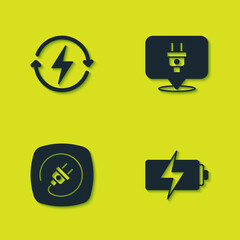 Set Recharging, Battery, Electric plug and icon. Vector