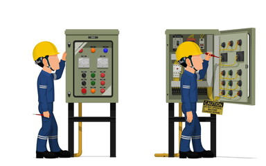 Industrial workers use screwdriver tester to measuring electric current in the electrical control cabinet - obrazy, fototapety, plakaty