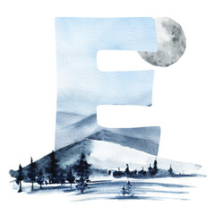 Watercolor alphabet English on blue background of nature,mountains,forest,lake,sky,A to Z hand painted.Suitable for poster printing,print,design work,thank you card and wedding invitations.Elegant alp