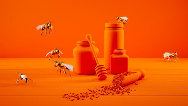 Animation with smart robot bees flying over the jars with honey and bee pollen