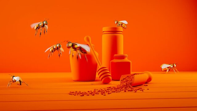 Animation with smart robot bees flying over the jars with honey and bee pollen