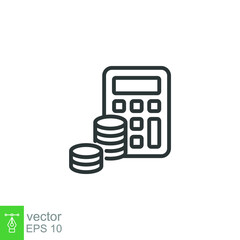 Budget icon. Simple outline style. Money flow account with calculator. Business concept. Vector design illustration isolated. EPS 10.