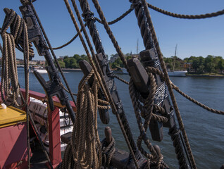 Rig with Dock Cleats on the replica of the old Indian Man Götheborg, at the old town Gamla Stan,...