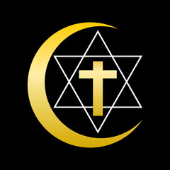 Golden yellow christian crucifix cross in white jewish star of david six pointed and crescent moon on black background boho flat vector icon design.