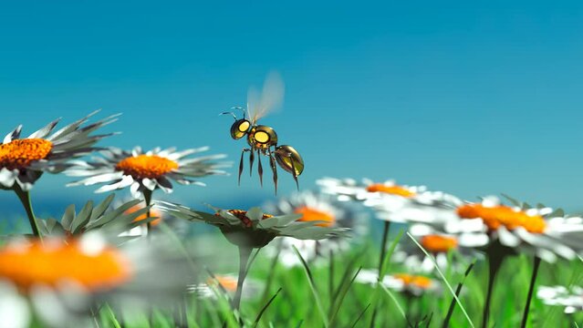 Robot bee flying on the meadow. Smart mechanical insect used in agriculture. 4K