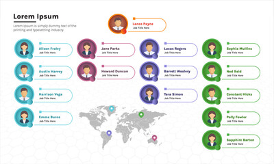 Hierarchy chart layout! Four category management separation with associates and project lead. Simple background, map, icons of men and women with name and job title space. Template and presentation.