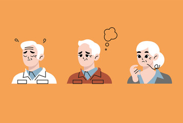 Icon set of a senior woman with a troubled face. Flat vector illustration