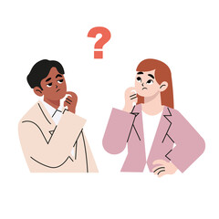 Thinking young men and women. Puzzled and confused people with a question mark. Flat drawn style vector design illustrations.