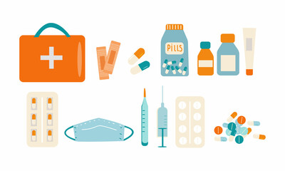 Cute collection of medical items for first aid. Bundle of doctor, treatment of diseases, drugs vitamins, medical items. Healthcare objects. Vector illustration.