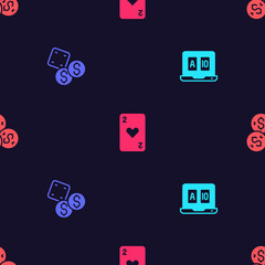 Set Online poker table game, Game dice, Playing card with heart and Casino chip dollar on seamless pattern. Vector