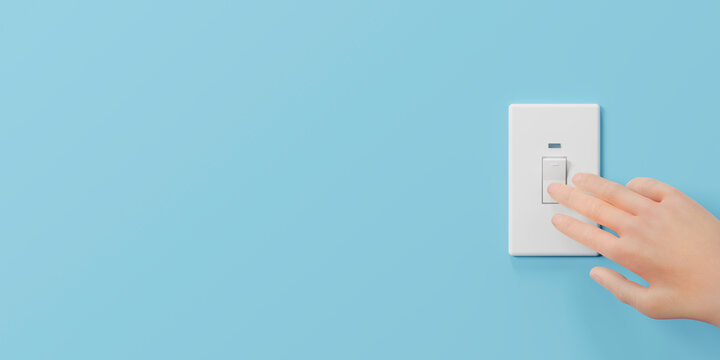 水色の壁の上のスイッチパネルとスイッチを切る手 / 節電・省エネルギー・電気料金値上げのコンセプトイメージ / 3Dレンダリング