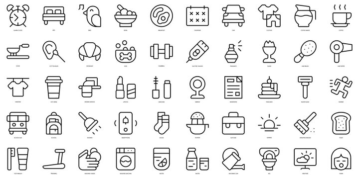 Set Of Thin Line Morning Routine Icons. Vector Illustration