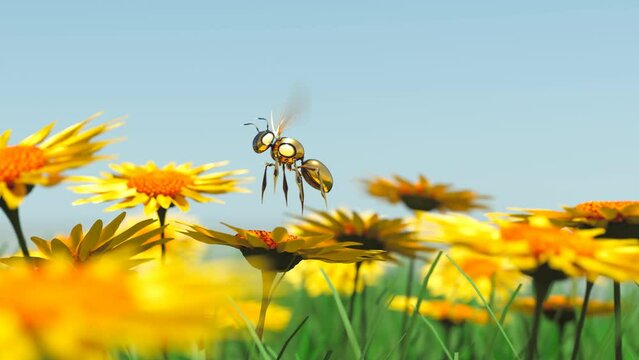 Robot bee flying on the meadow. Smart mechanical insect used in agriculture. 4K