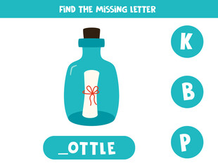 Find missing letter with bottle. Spelling worksheet.