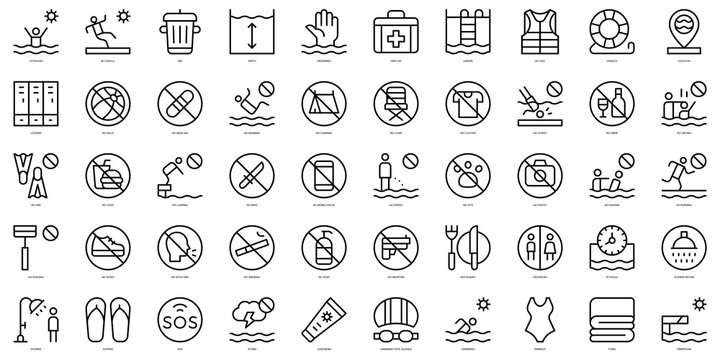 Set of thin line swimming pool rules Icons. Vector illustration