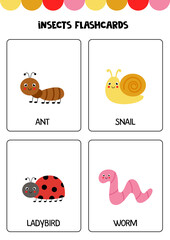 Cute cartoon insects with names. Flashcards for children.