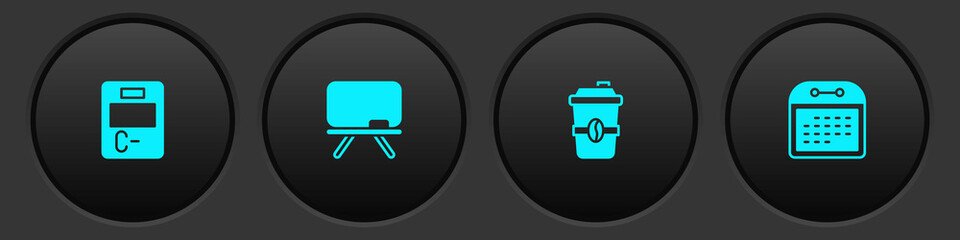 Fototapeta premium Set Exam paper with incorrect answers, Chalkboard, Coffee cup to go and Calendar icon. Vector