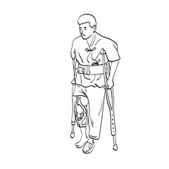 Man with broken leg using crutches for walking illustration vector hand drawn isolated on white background line art.