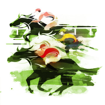 Race Horses, jockeys running action. 
Eexpressive Illustration of  three Jockeys on horse at Full Speed. Imitation of watercolor painting.