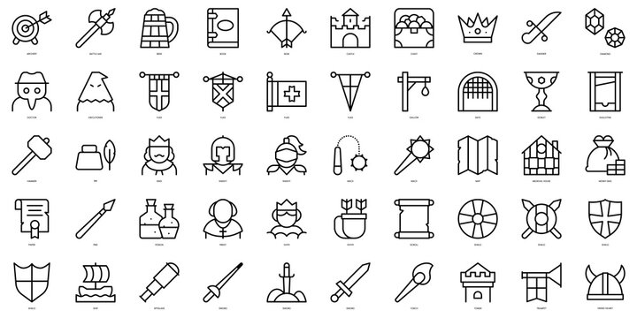 Set of thin line medieval Icons. Vector illustration