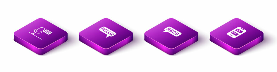 Set Isometric Microphone voice device, Hello in different languages, Alphabet and Online translator icon. Vector