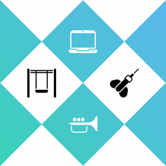 Set Swing, Trumpet, Laptop and Dart arrow icon. Vector