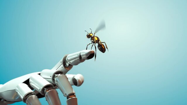 Smart mechanical bee landing on a robot hand. Futuristic concept. CGI render 4k
