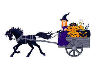 A running black stallion pulls a wagon with a witch and jack lanterns. isolated object. For Halloween.