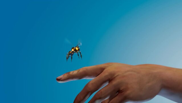 Smart mechanical bee landing on a human hand. Futuristic concept. CGI render 4k