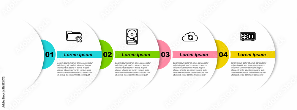 Poster set line delete folder, hard disk drive hdd, cloud sync refresh and digital alarm clock. business in