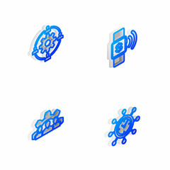 Set Isometric line Contactless payment, Outsourcing concept, Project team base and Clock and gear icon. Vector