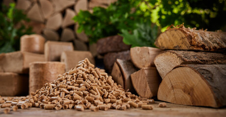 Biofuel pellets with cut logs and briquettes in daytime