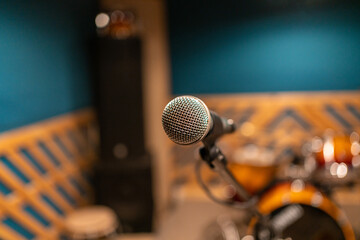 classical vocal microphone in the rehearsal studio close-up. music band rehearsal