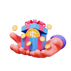 3d hand gesture holding money gift box