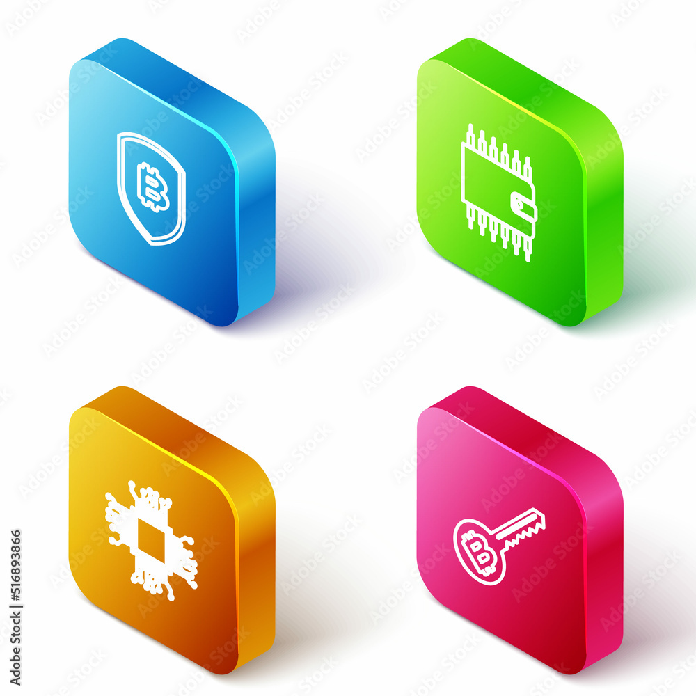 Poster set isometric line shield with bitcoin, cryptocurrency wallet, processor and key icon. vector