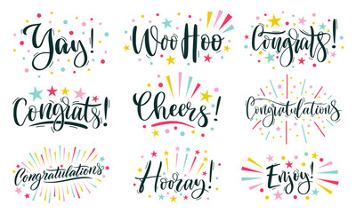 Joyful lettering. Congratulations text, cheers and hooray calligraphic inscription. Congrats, enjoy and woo hoo template with rays and sparkles vector set - obrazy, fototapety, plakaty