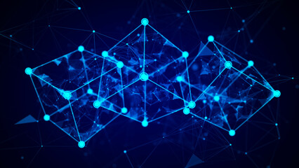 Technology blockchain concept. Visualization of the dynamic flow of the cryptocurrency industry. Big data flow connections. Network connection structure. 3D Rendering.