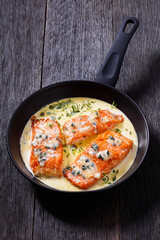 salmon fillet with creamy blue mold cheese sauce