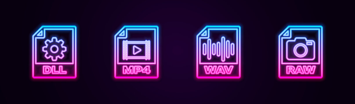 Set line DLL file document, MP4, WAV and RAW. Glowing neon icon. Vector
