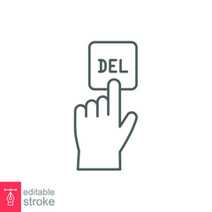 Human hand push the keyboard button delete with the index finger icon. Simple outline style. Getting help, additional information.Isolated vector on white background. Editable stroke EPS 10.